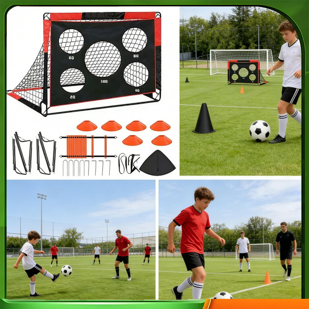 Conjunto de metas de treinamento de futebol de seis furos, embalagem única de caixa de papel preta vermelha de 120 x 90 