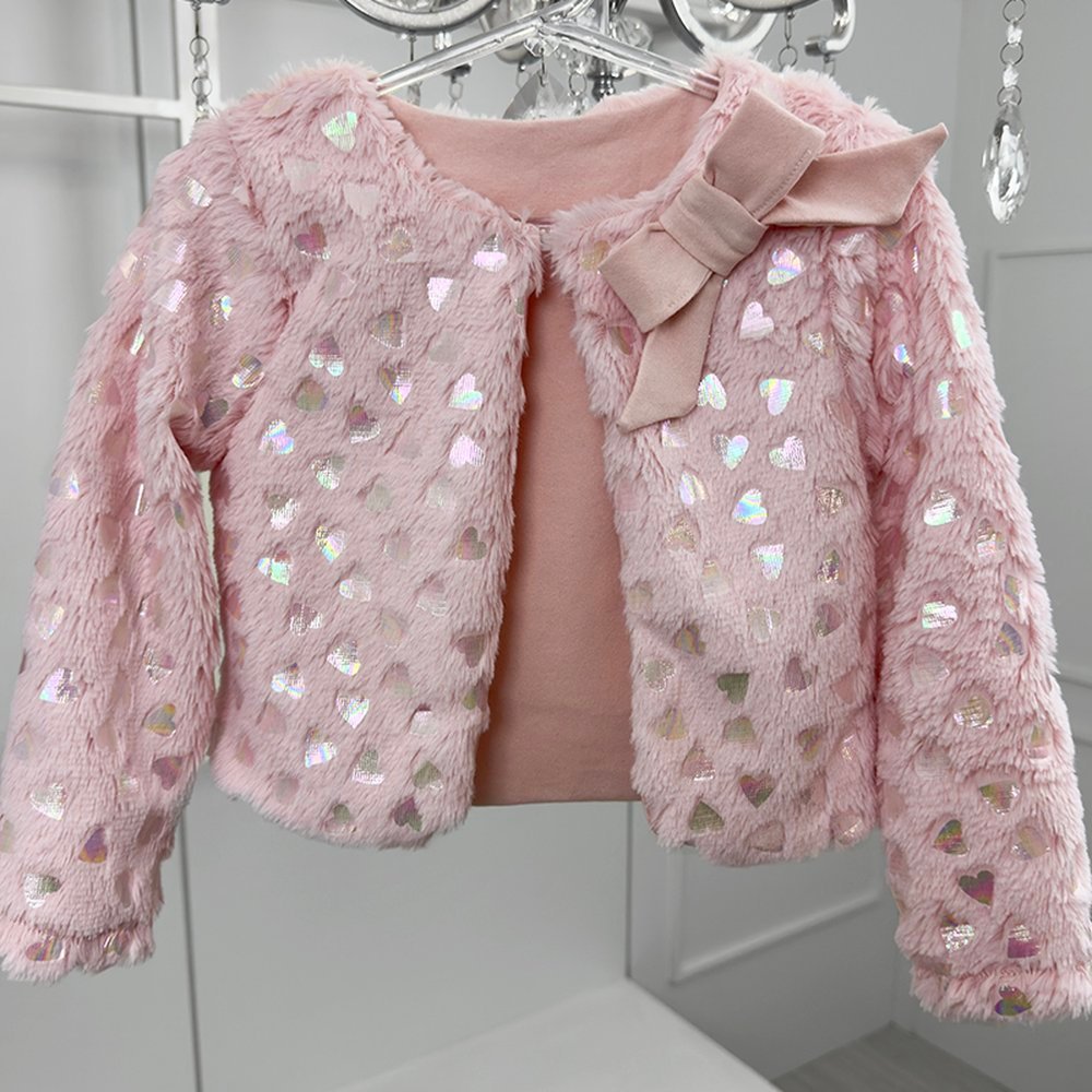 Casaco Infantil Rosa Pelo Corações Holograficos Laço Rosa com Forro
