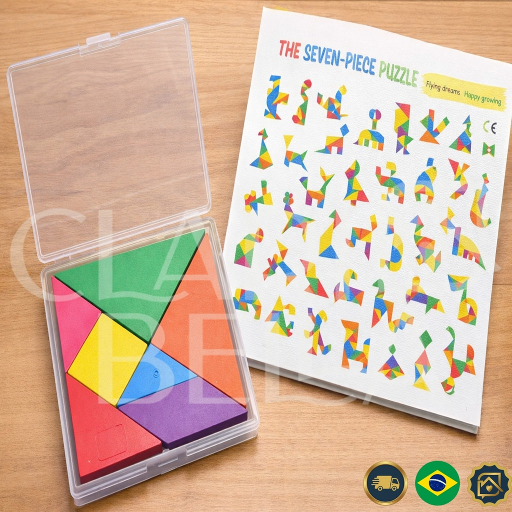 Tangram Educativo Infantil Madeira Colorido Jogo Inteligência +40 Formas Com Case Raciocínio Lógico