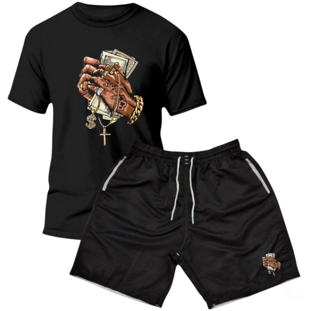 Kit Camiseta Masculina + Bermuda Masculina  Estampada Tactel Moda Praia