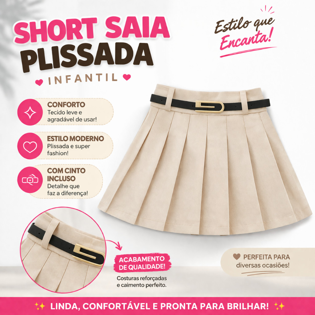 KIT 2 peça um Short saia plissada + cinto infantil menina TAM 4 ao 12 short saia plissado