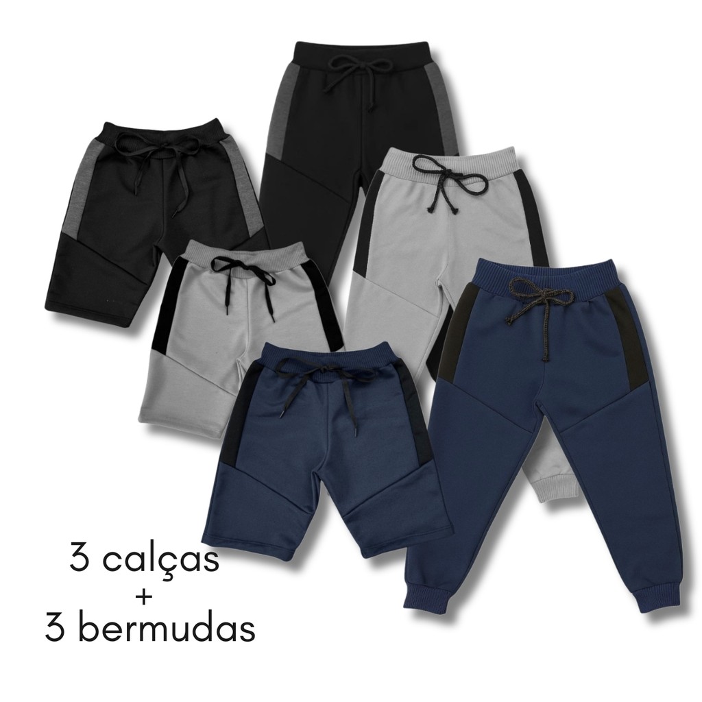 Kit com 3 Calças e 3 Bermudas Moletinho Infantil Uniforme Escola Cadarço e Elástico Dia a Dia