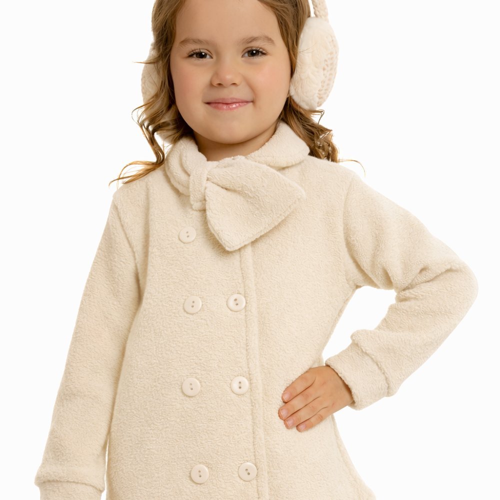 Casaco Infantil Bouclê Creme Gola Laço Com Botões Térmico