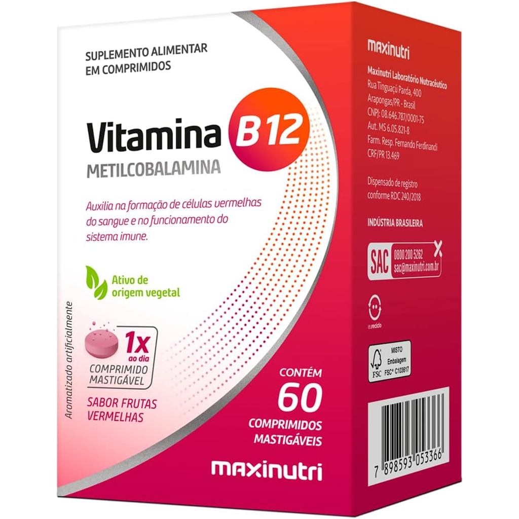 Vitamina B12 Metilcobalamina c/60 comp mastigavel Maxinutri ORIGINAL