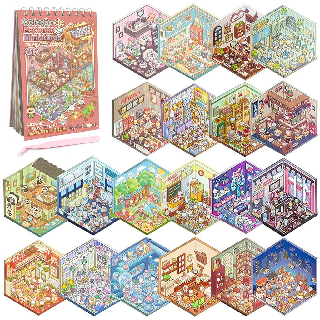 Caderno com Adesivos 3D Livro Cenários Kawaii DIY Scrapbooking Paisagismo Fofo