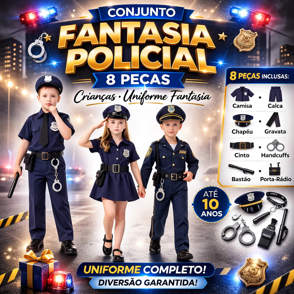 Conjunto Fantasia Policial 8 Peças Crianças Uniforme Fantasia Cosplay Até 10 anos
