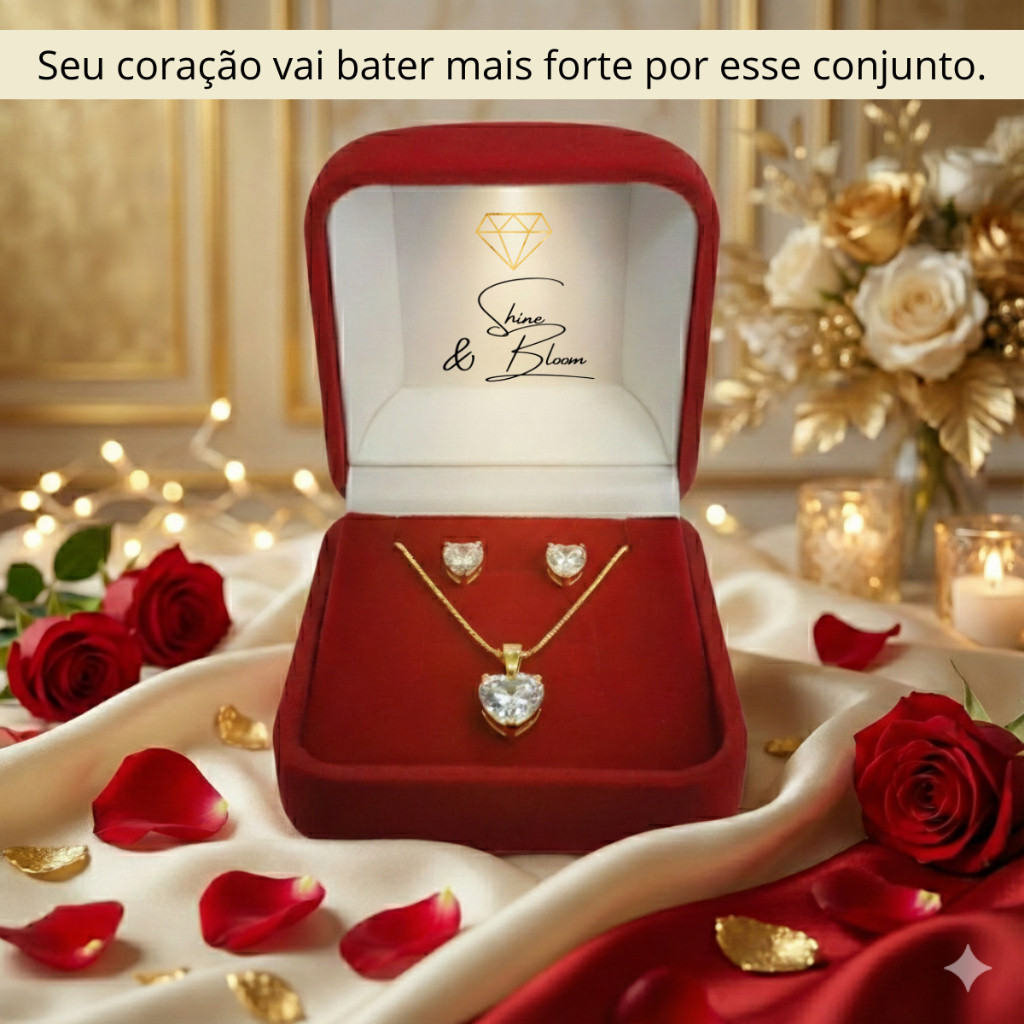 Conjunto Colar E Brincos Coração Zircônia Folheados