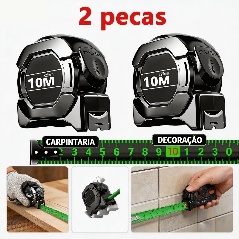 2 Peças 10M Trena Profissional Fita Métrica Fluorescente Com Trava