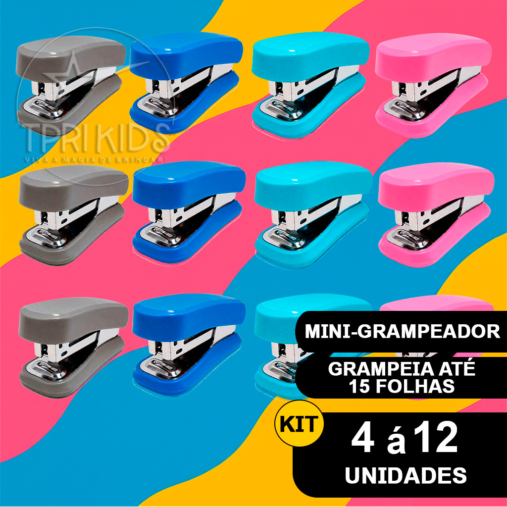 Kit 4 Á 12 Mini Grampeador Até 15 Folhas Material Escolar Escritório Grampos 24/6 e 26/6 Extrator