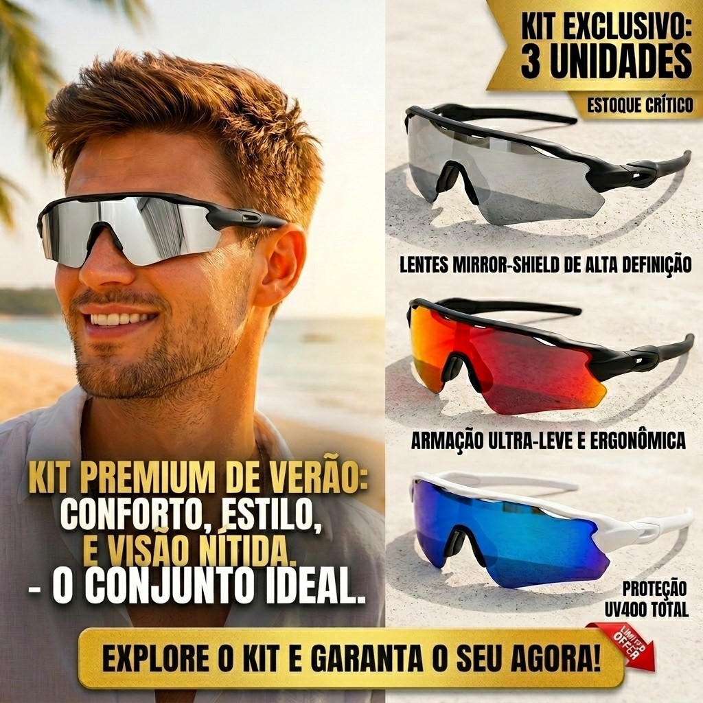 KIT 3 Óculos de Sol masculino e feminina Corrida Ciclismo Beach Tennis Praia Volei lente polarizada Proteção UV400