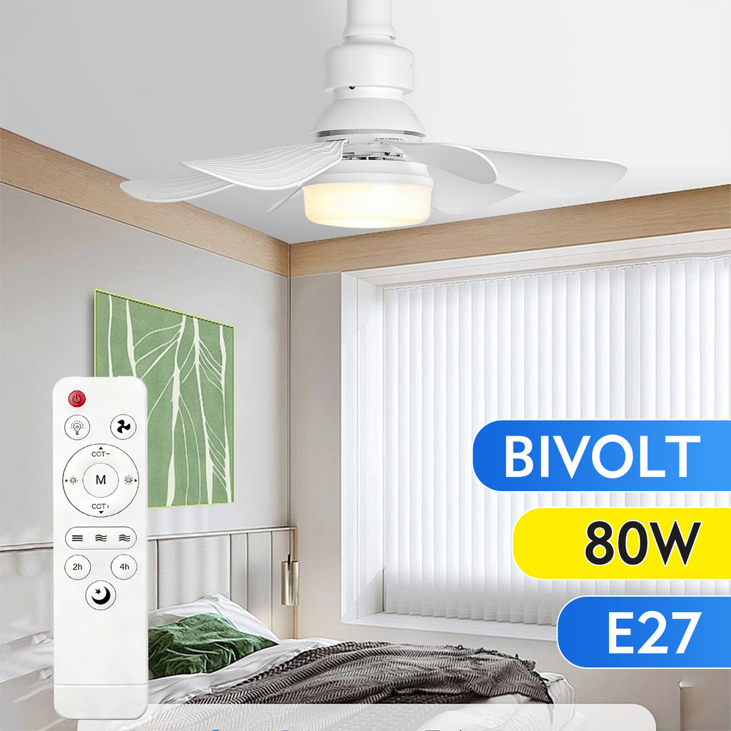 Luminária 80W 52CM Ventilador De Teto 6 Hélices Luz Ajustável Controle Remoto Silencioso E Econômico
