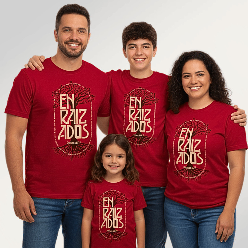 Camiseta Personalizada Para a Família Enraizados Efésios 3.16-19 Conjunto Adulto e Infantil Unissex