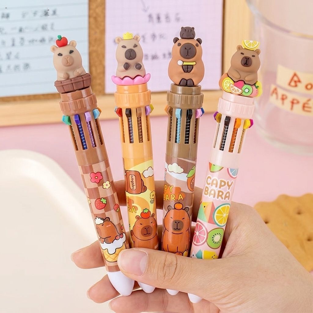 Caneta Colorida 10 em 1 Capivara Kawaii – Estilo Fofo com Corpo Decorativo 3D