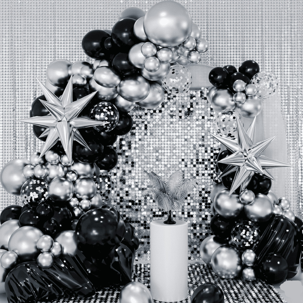 Kit 100 Balões Cromados Preto e Prata + Estrelas Sputnik | Decoração Festa Luxo