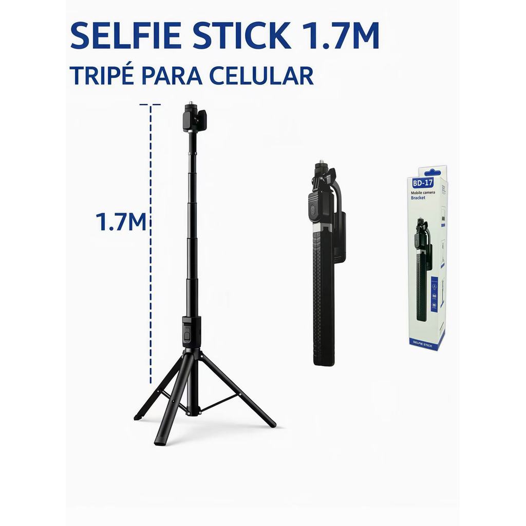 Selfie stick 1.7M de comprimento sem fio Bluetooth tripé portátil retrátil
