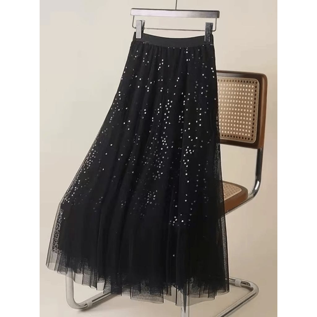 Saia midi feminina de tule com lantejoulas, perfeita para festas