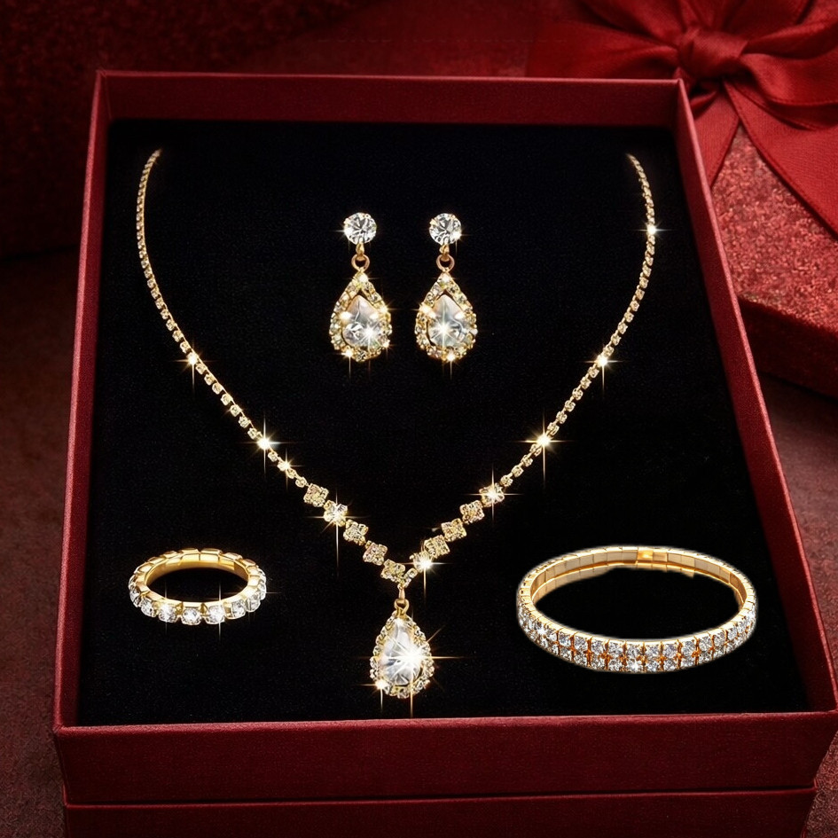 Um conjunto de joias de ouro ou prata, com 3 ou 4 peças e diamantes simulados elegante e luxuoso ideal para um casamento