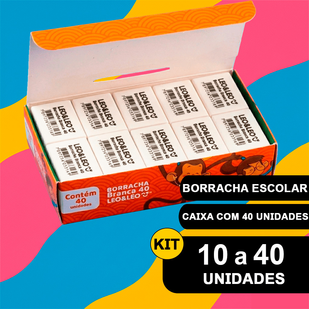 Kit 10 a 40 Unidades Borracha Branca Escolar Tamanho 40 Material Escritório CAIXA Fechada Plástica