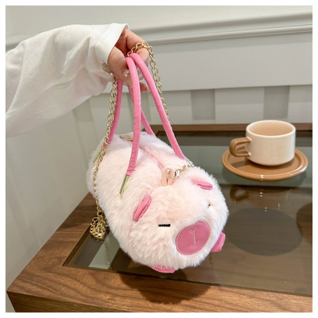 Bolsa Feminina de Pelúcia Animal Fofa Mini Bolsa Transversal Ombro Estilo Panda/Porco//Ovelha/Capivara MM