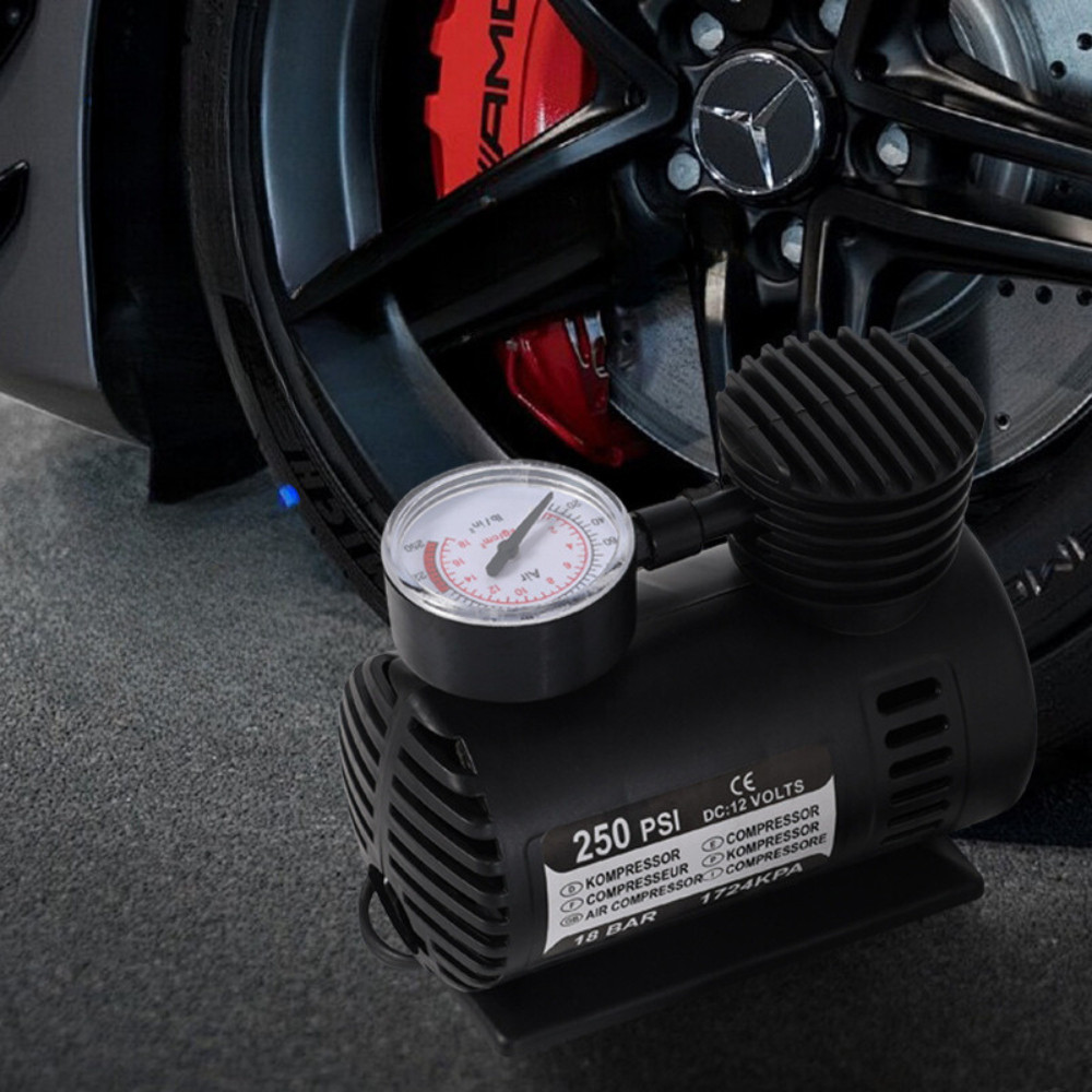Mini Compressor De Ar Veicular Elétrico Portátil 12V Com Manômetro 250PSI Para Pneu Carro Moto Bike Bola