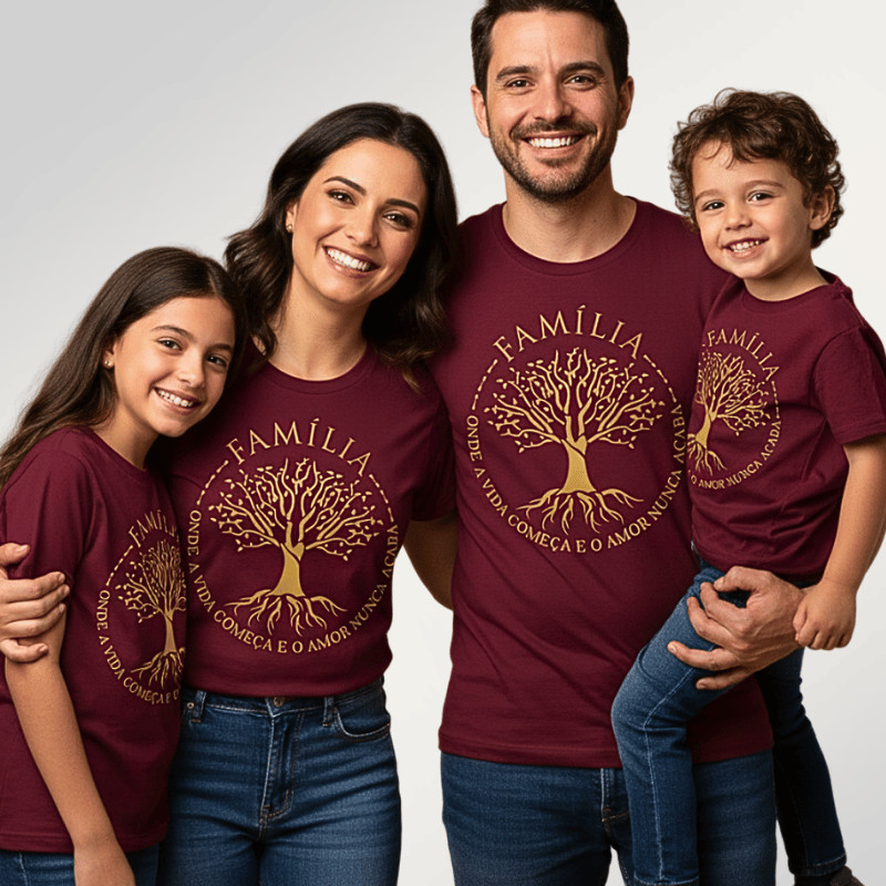 Camiseta Família Árvore da Vida Conjunto Adulto & Infantil Unissex Look Combinando Cristão