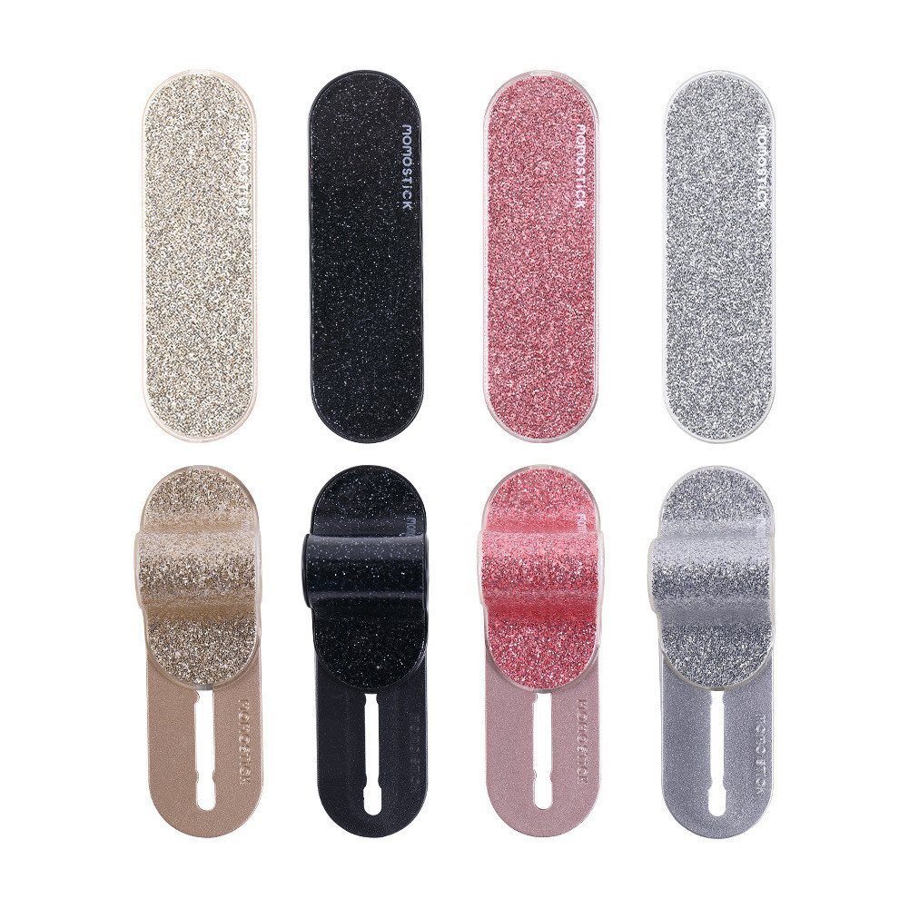 Suporte de Telefone Momostick Patenteado com Mecanismo Push-Pull, Tampa Traseira com Glitter e Textura Fosca, Suporte de