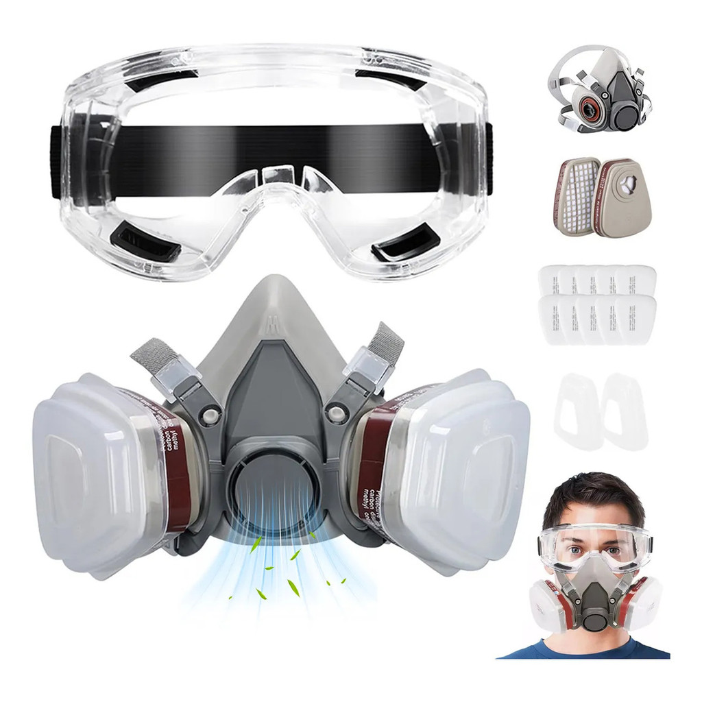 Máscara de proteção com óculos de proteção e 10 filtros de algodão