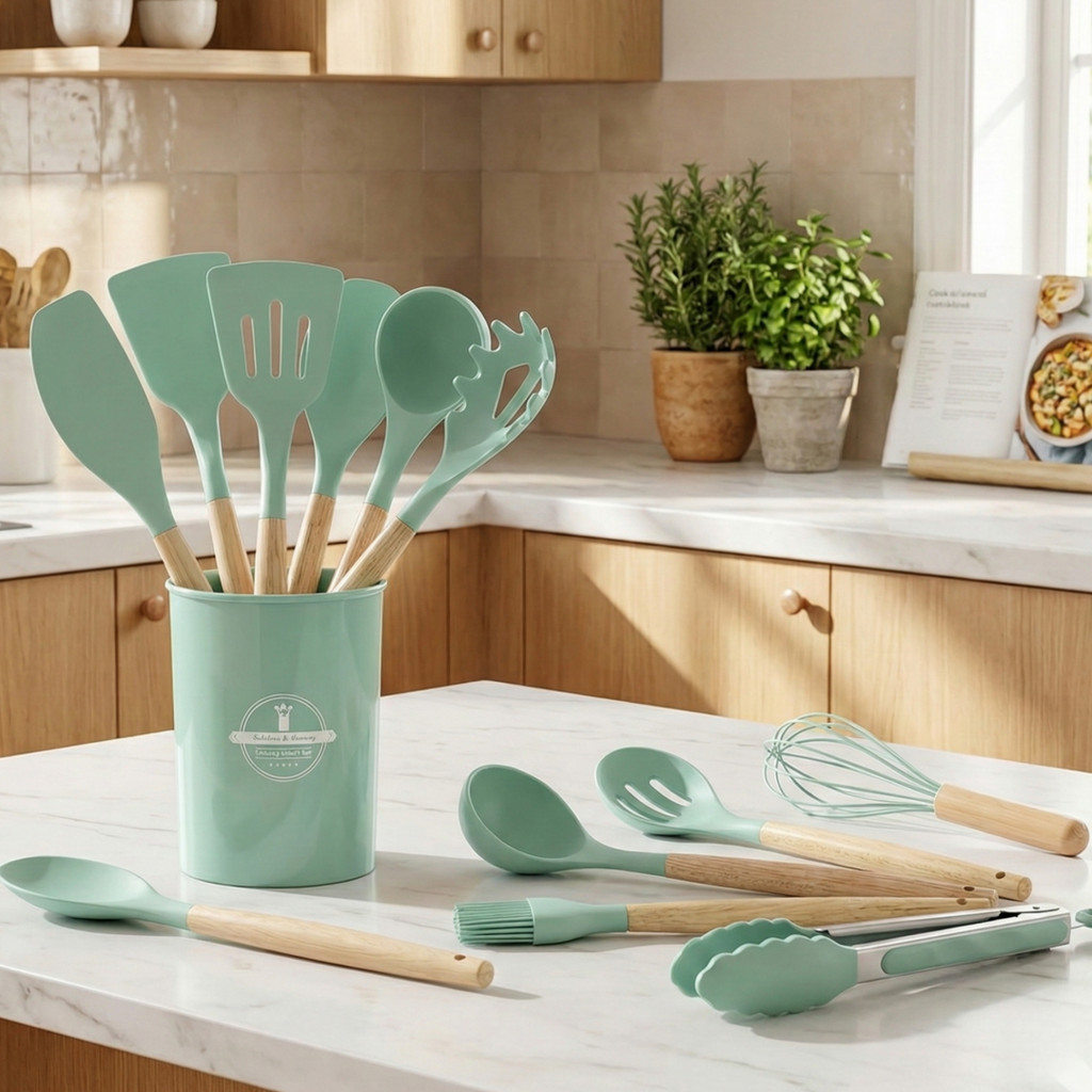 Jogo de Utensílios de Cozinha Silicone 12 Peças com Espátula, Colher e Suporte Organizável