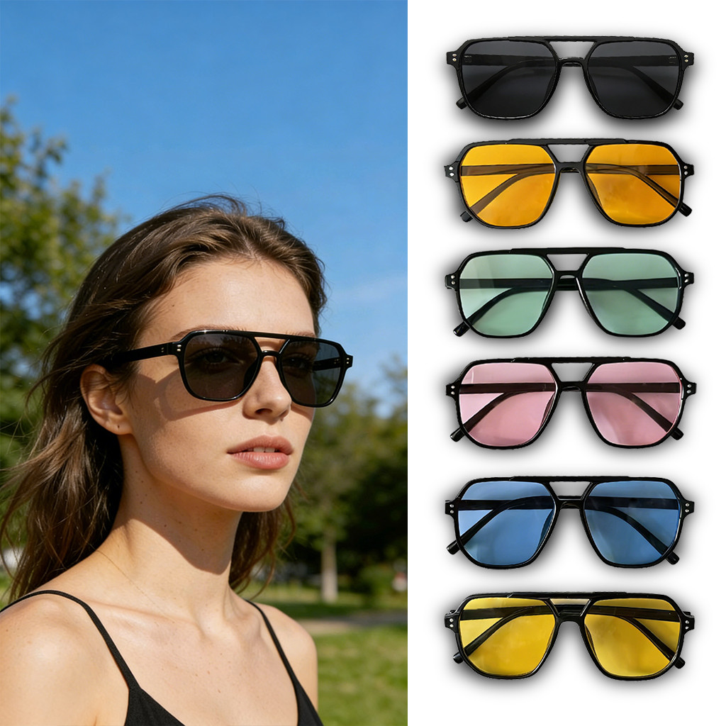 Óculos De Sol Retrô De Feixe Duplo , Armação Grande , Proteção UV , Lentes Oceânicas Em Chá Preto/Amarelo Para O Inverno