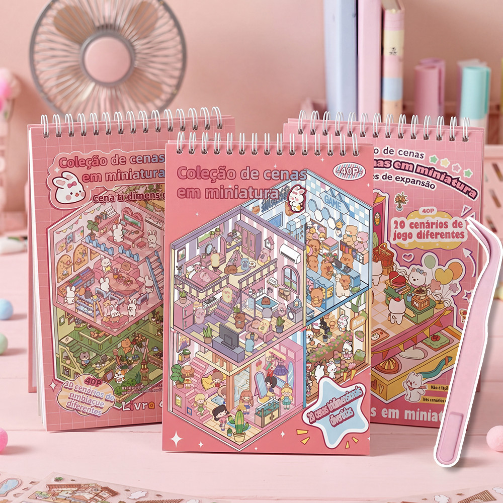 📘 Caderno Adesivos 3D 2.0 20 Cenas 40 Páginas Com Pinça | Livro Silencioso Educativo Concentração Para Crianças