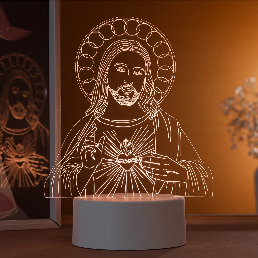 Luminária de Mesa LED 3D Efeito Óptico Sagrado Coração de Jesus