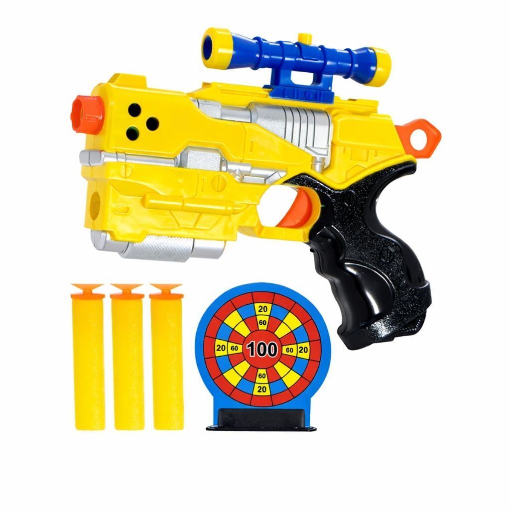 Pistola Soft Bullet Infantil Com Alvo – Acompanha 3 Dardos, Brinquedo Seguro E Sortido