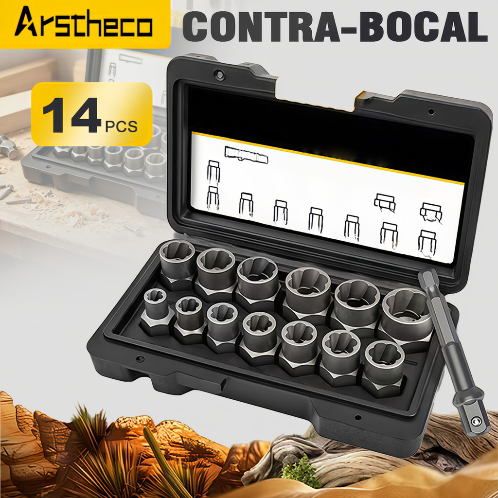 Conjunto Extrator De Parafuso De 14 Peças , Para Porcas Danificadas , Com Manga De Remoção De Adaptador Hexagonal De 3/8