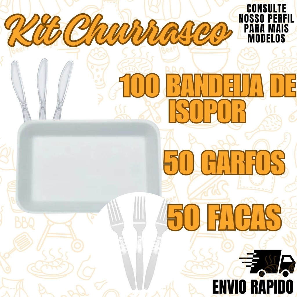 Kit Churrasco 100 Bandejas + 50 Garfos + 50 Facas Descartavel Festa Decoraçao