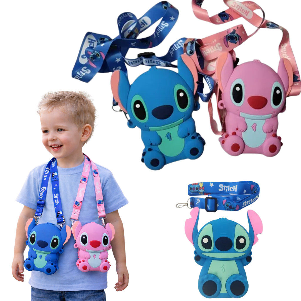 Bolsa Silicone Stitch Infantil 3D – Bolsinha Carteira com Alça Ajustável Rosa Azul Presente Criança