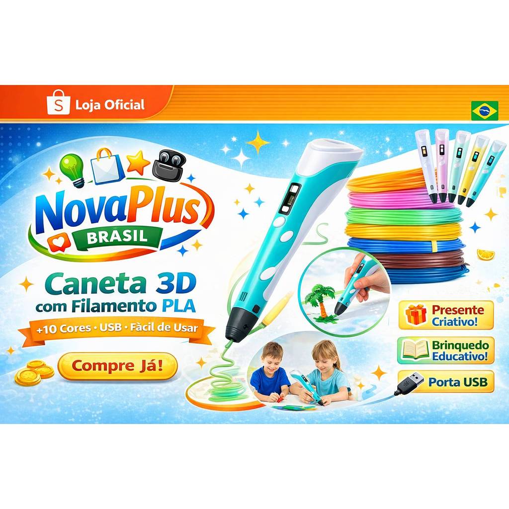 Caneta 3D Impressora 3D Pen com Filamento PLA Colorido USB Infantil Educativa Criativa Presente