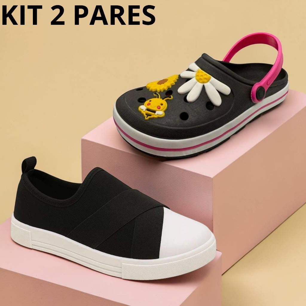 Kit 2 Pares Tênis + Babuche Meia Flor Menina Infantil Promoção Feminina Criança Original