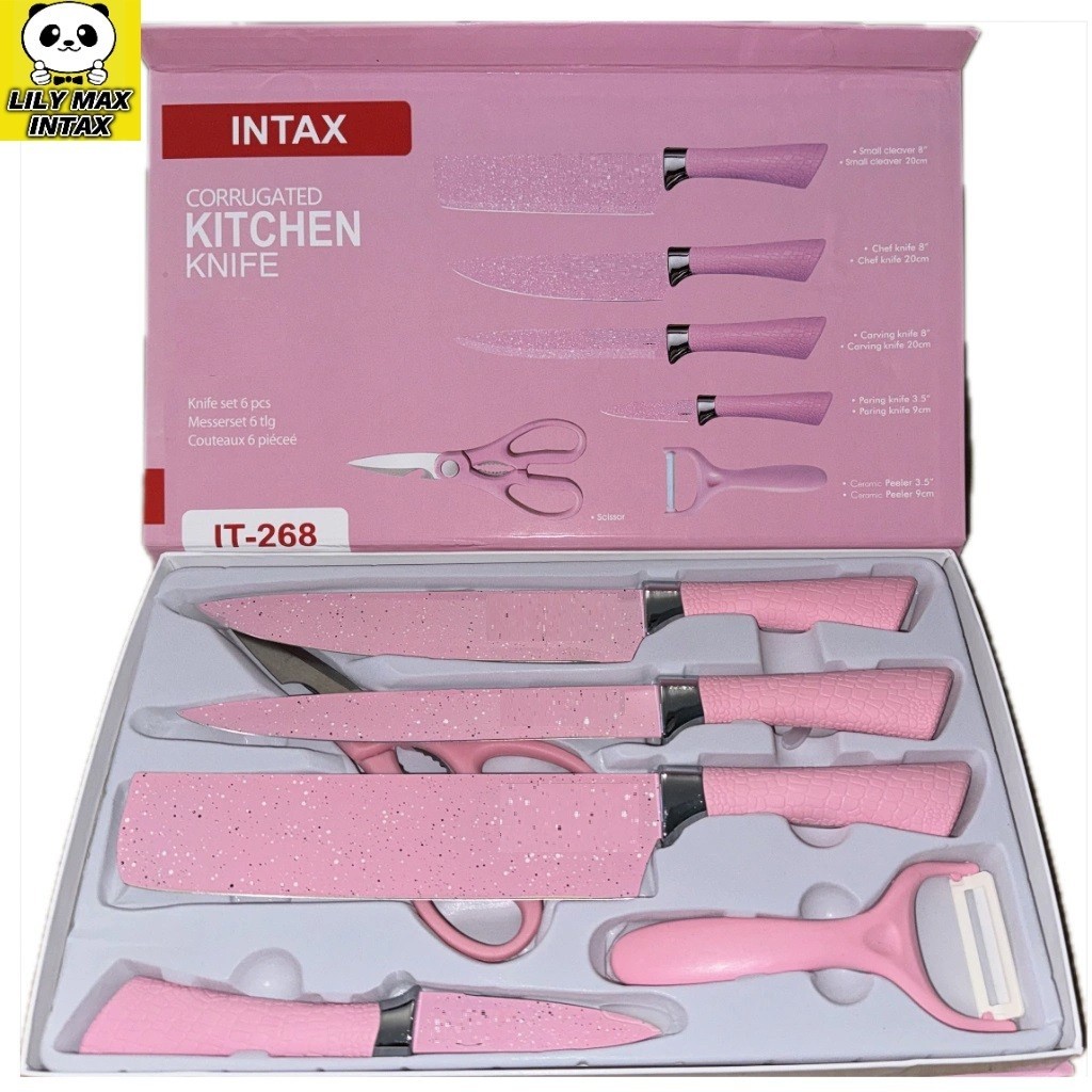 Kit Facas Cozinha Inox Rosa 6 Peças | Descascador + Tesoura Completos