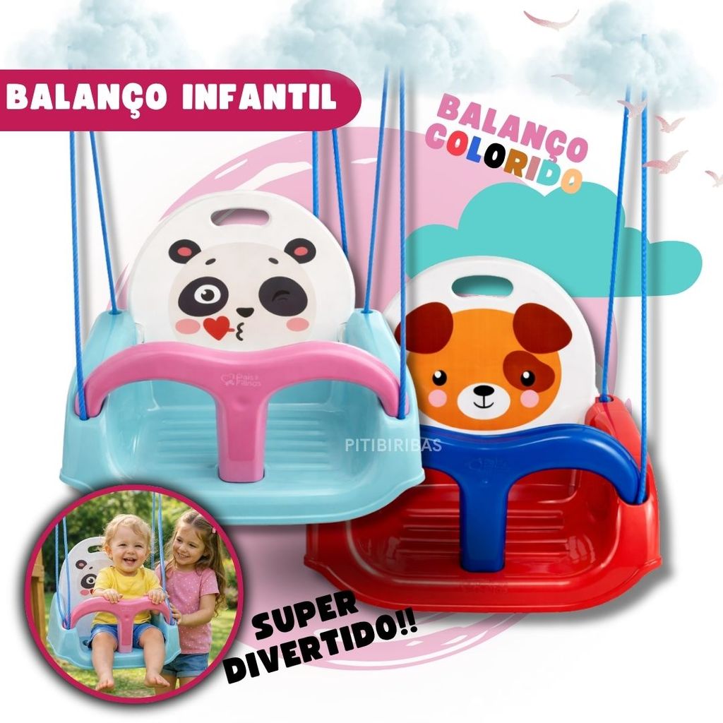 Balanço Infantil Encosto Regulável 3 em 1 Pandinha e Cachorrinho