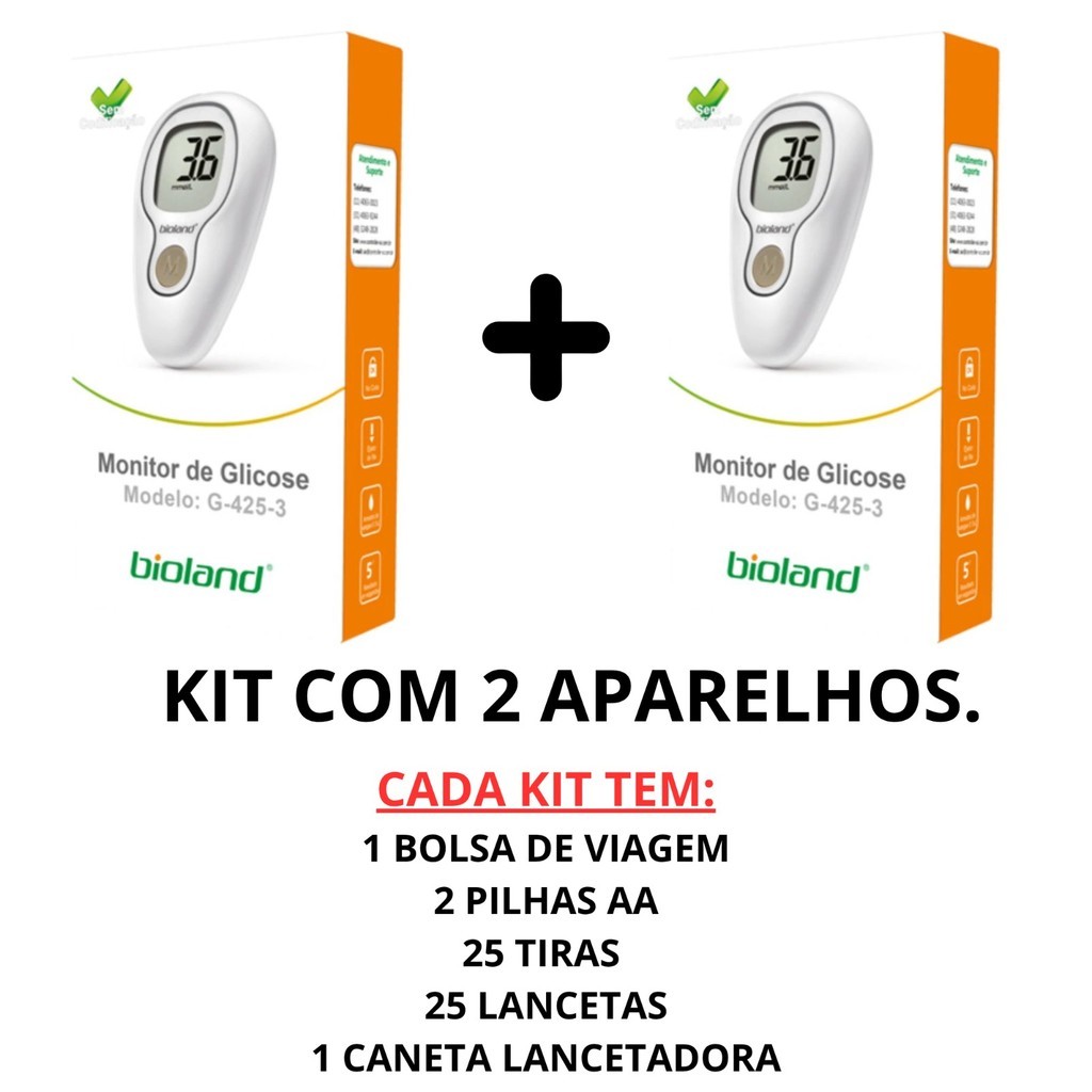 Combo 2 Aparelhos Medidor De Glicose C/ 25 Fitas 25 Lancetas cada Kit - Bioland Modelo G-425-3
