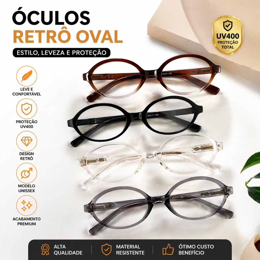 Armação de Óculos Oval Com Lente transparente mi Bloqueio De Luz