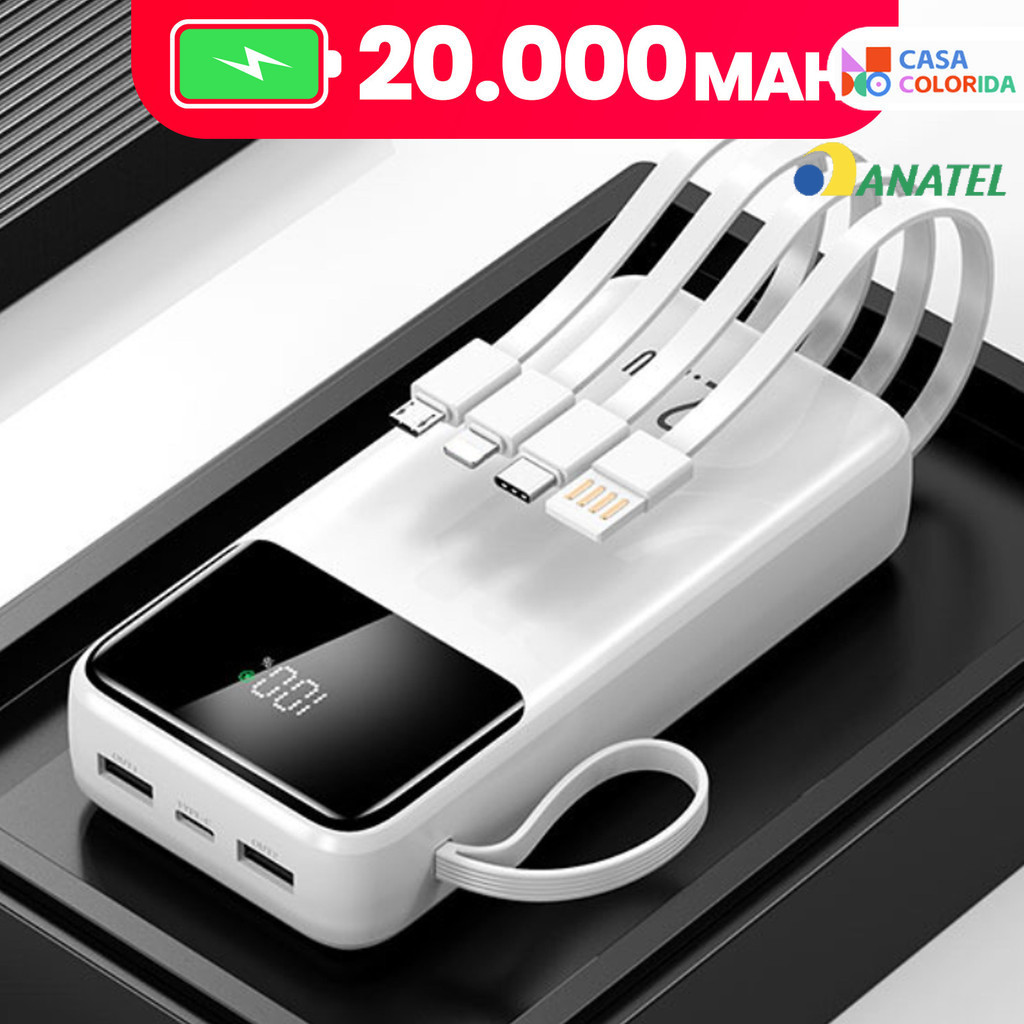 Power Bank 20000mAh com Visor Digital: Carregamento Ultra-Rápido e 4 Portas USB, Carregador Portátil