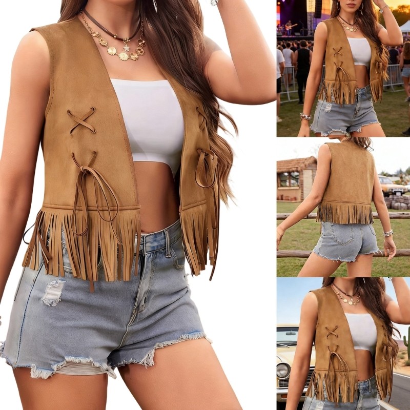 STE Feminino Camurça Sintética Franja Colete 70s Hippie Roupa Frente Aberta Colheita Cardigan