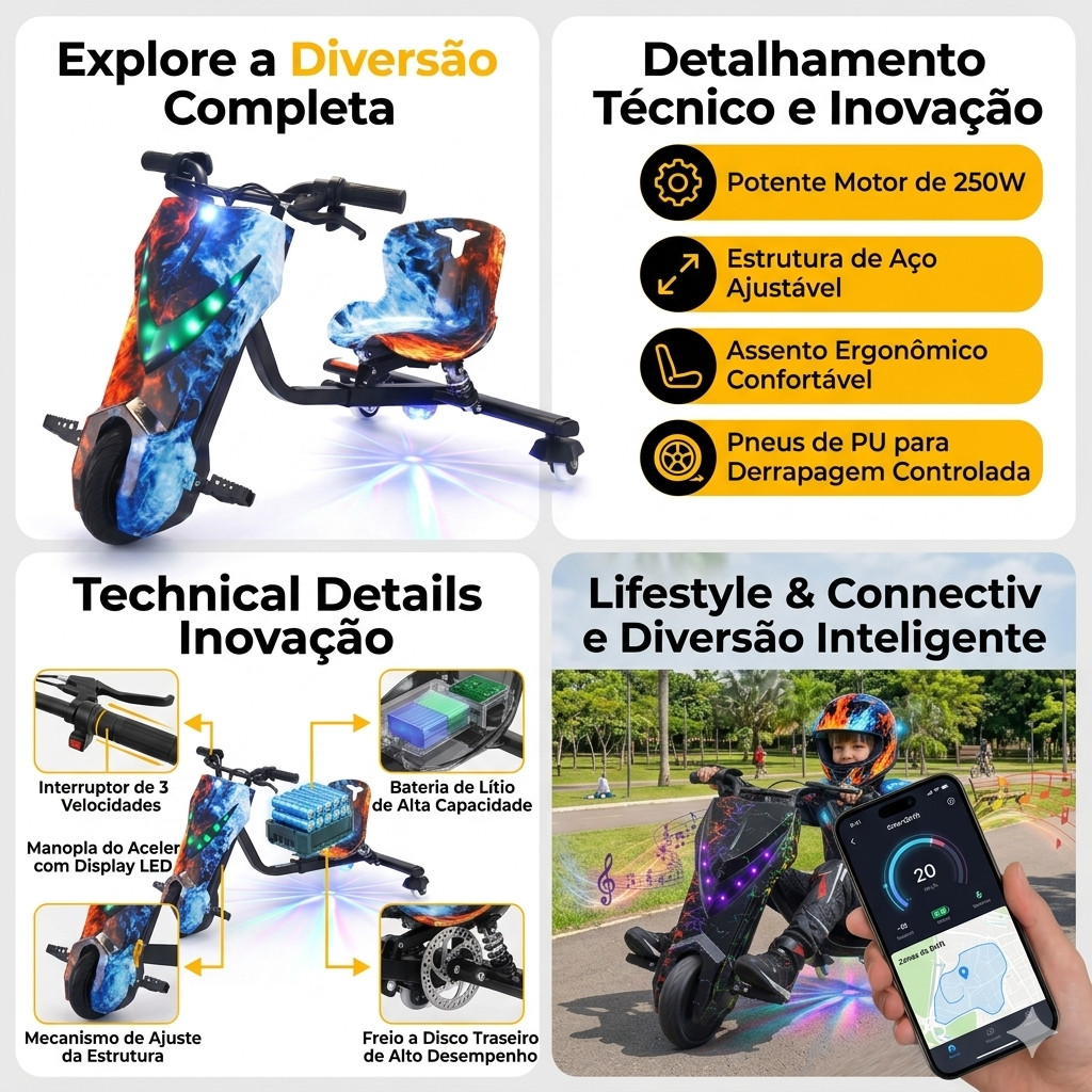 Triciclo Elétrico Drift Infantil 8' Polegadas LED 350W 3 Velocidade Bluetooth Proteção Mola