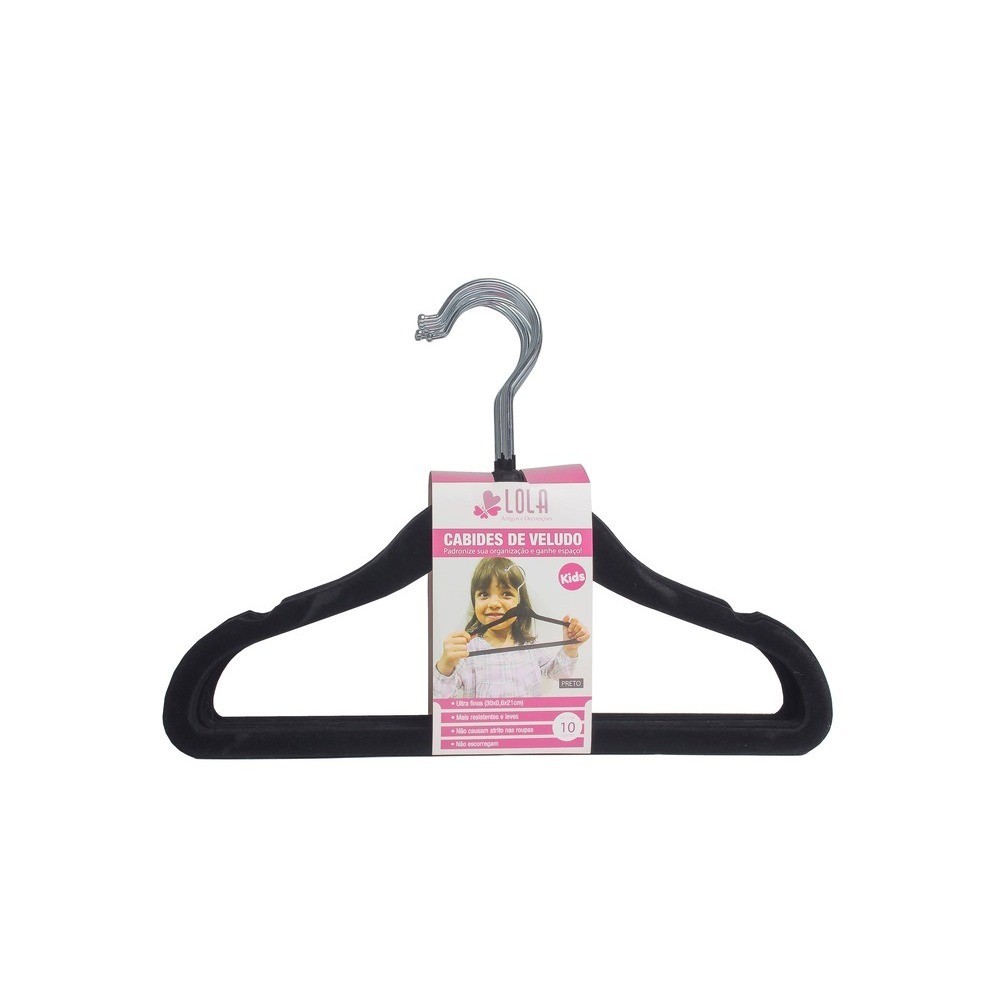 Cabide de Veludo Infantil Preto 30 cm 10 pecas