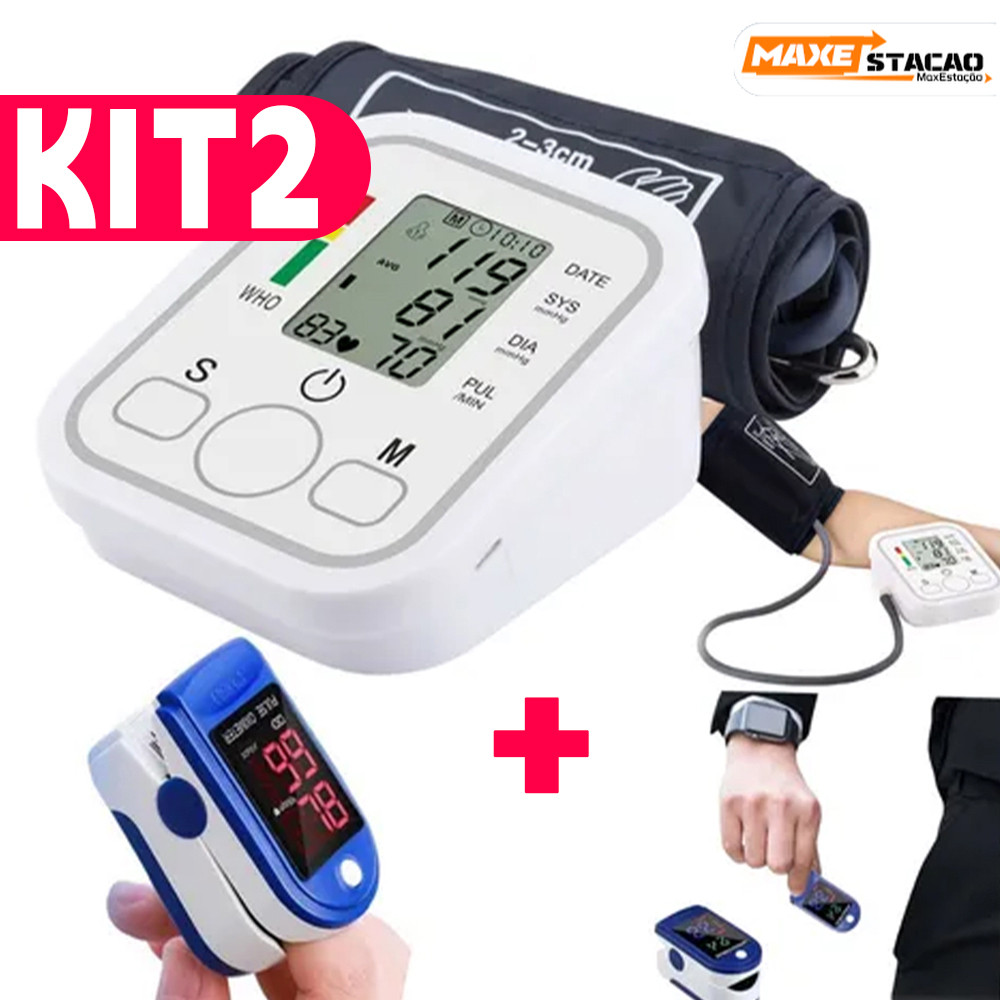 Kit Monitoramento Corporal: Oxímetro de Oxigênio no Sangue + Aparelho de Pressão Digital Automático