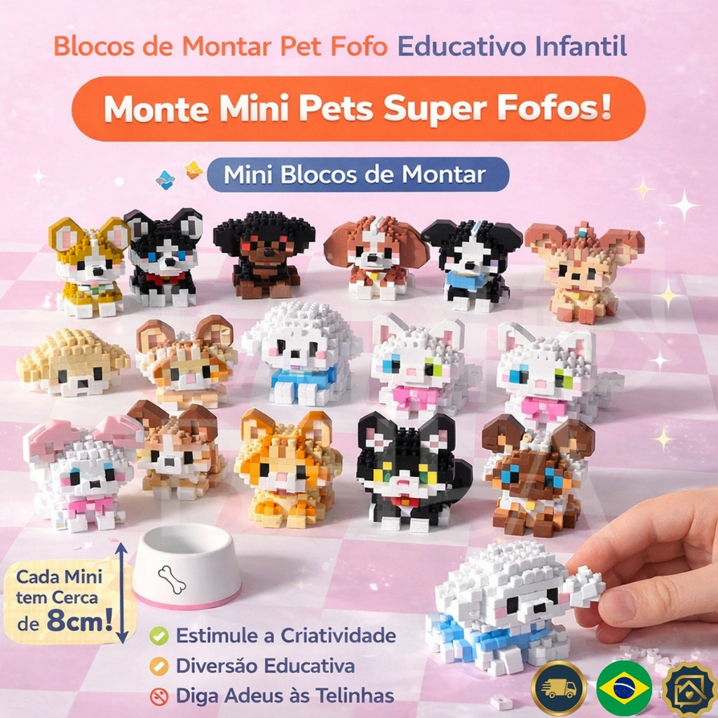 Blocos De Montar Pet Fofo Mini Animais Cachorro Gato Educativo Infantil