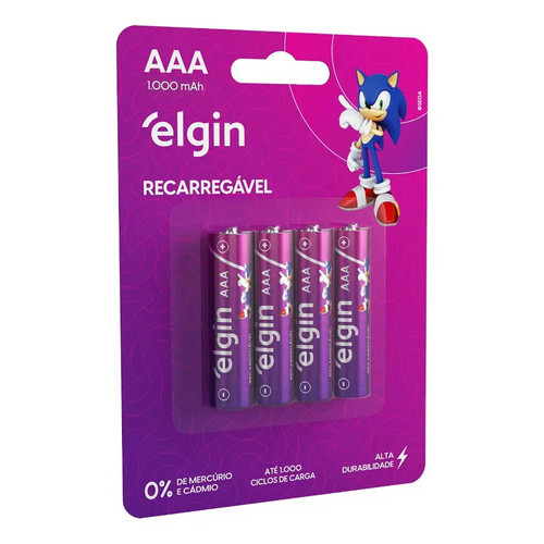 04 Unidades de  Pilhas Aaa 1000mah Recarregável Elgin