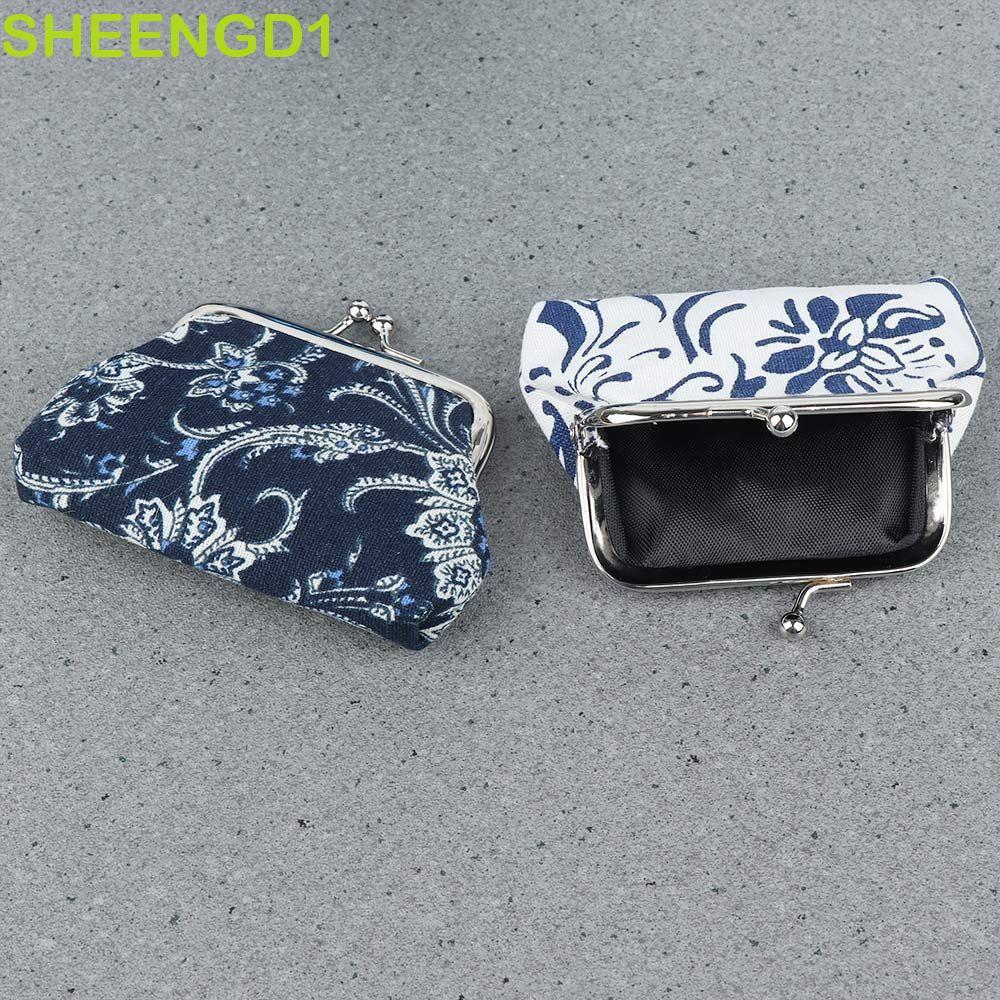 Porta-Moedas SHEENGD1 Mini Cartões Vintage Azul E Branco Com Fecho De Porcelana Flor