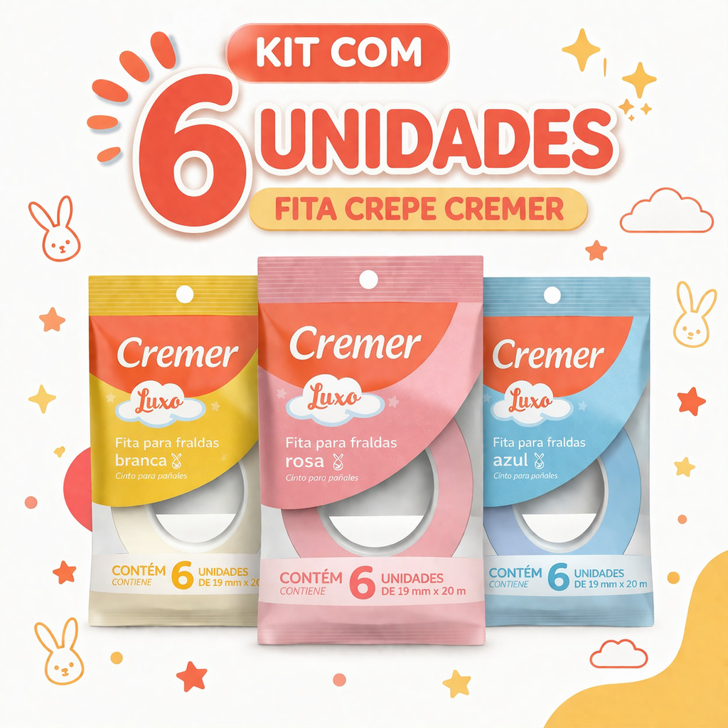 Kit 6 Unidades Fita Crepe Cremer 19mm x 20m Para Fralda e Embalagens Rosa Azul Branco